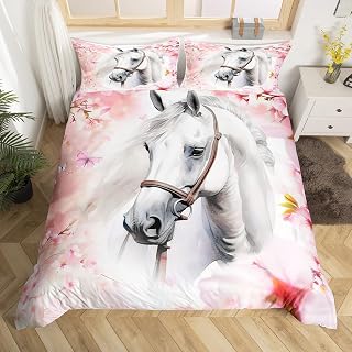 Horse Duvet Cover Twin for Boys Girls Wild Animal Print Bedding Set Pink Cherry Blossoms Decor Comforter Cover 3D White Horse Flower Butterfly Print Bedding 2 Pcs Farmhouse Spring Theme Bedspread