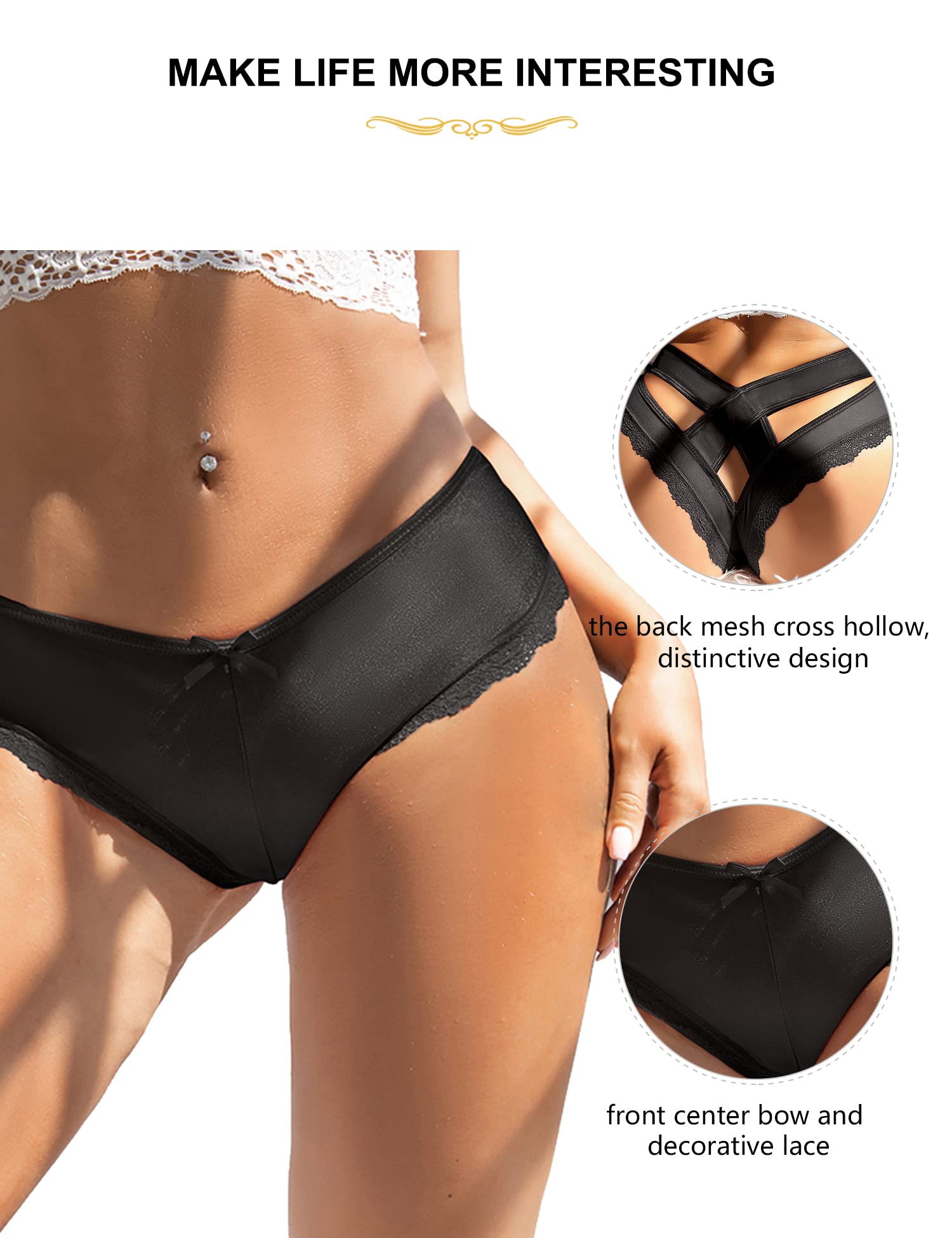 ohyeah Womens Underwear Sexy Lace Hipster Panties for Women Cheeky Cotton Crotch Crisscross Strappy Boyshorts Panties XS-4XL: 3X-Large-4X-Large 1 - Black