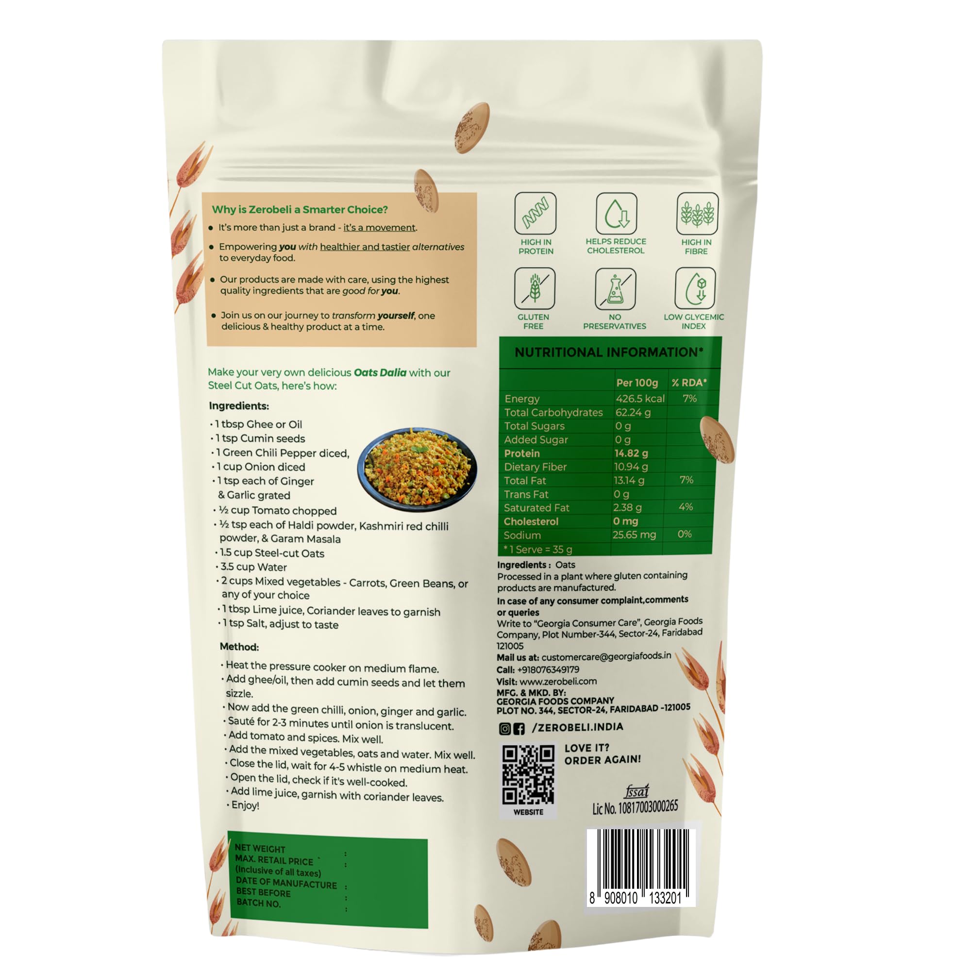 Zerobeli Steel Cut Oats 2kg | 100% Wholegrain | High Protein & Fibre | Low Glycemic Index | Supports Weight Management & Gut Health | Gluten-Free