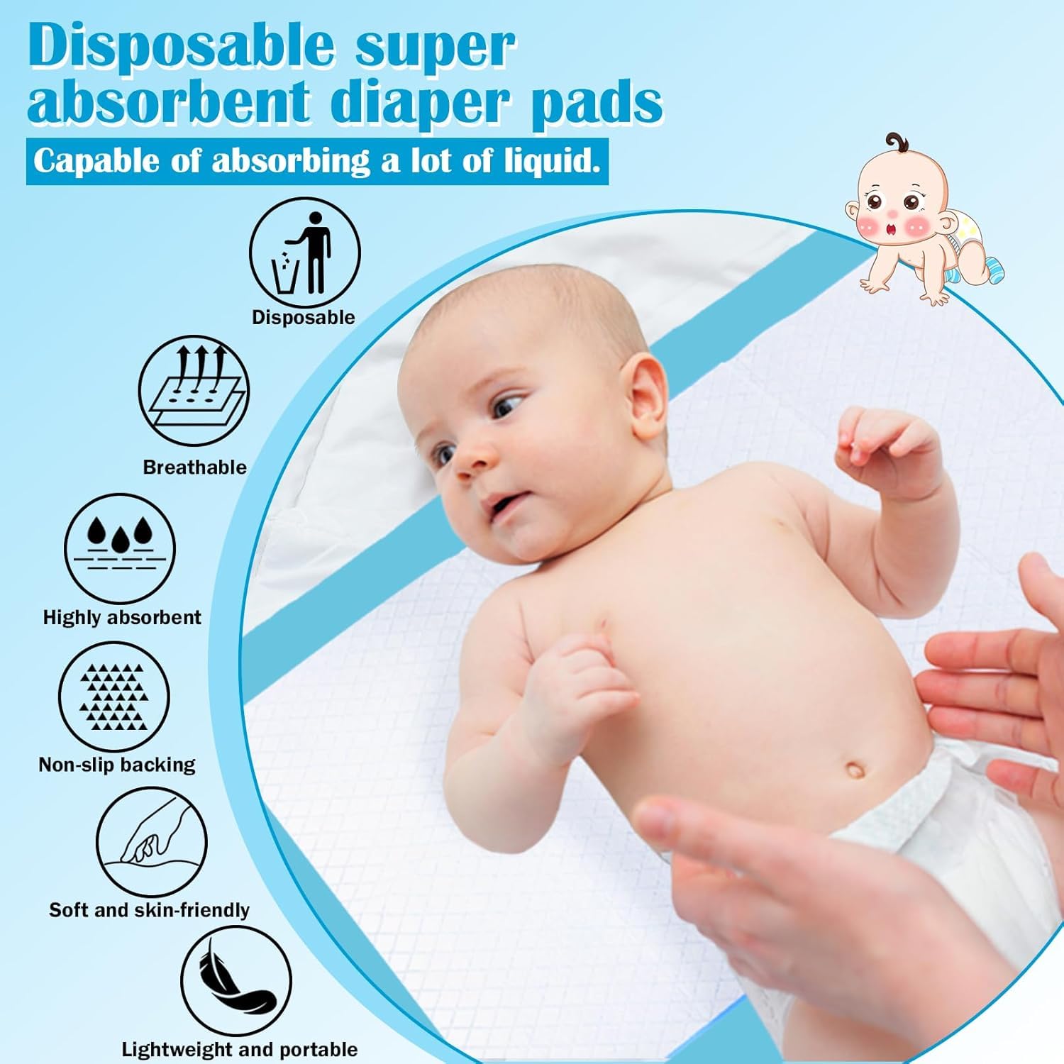 50 Stück Wickelunterlage Einweg, 45 x 60 cm Baby Wickelauflage für Unterwegs, Baby Changing Mat, Inkontinenzunterlage Wickelunterlage Einweg, Weich, saugfähig und wasserdicht