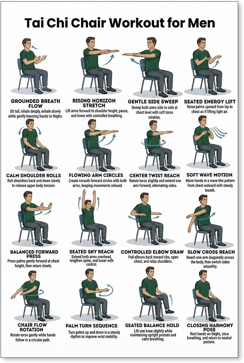 GO-SANTNN Tai Chi Chair Workout Chart for Men Wall Art Wellness Sports Canvas Poster Seniors and Beginners Seated Exercises Print Home Gym Office Apartment Wall Decor 12×18 inch Unframed