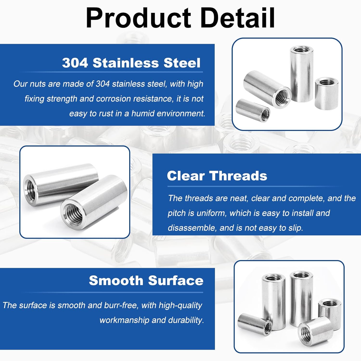 MroMax 10Pcs M10 Round Connector Nuts, 304 Stainless Steel Rod Coupling Nuts 30mm/1.18" Length Female Thread for Camera Pan, Lamp Bracket, Glass Folding Dining Table Silver