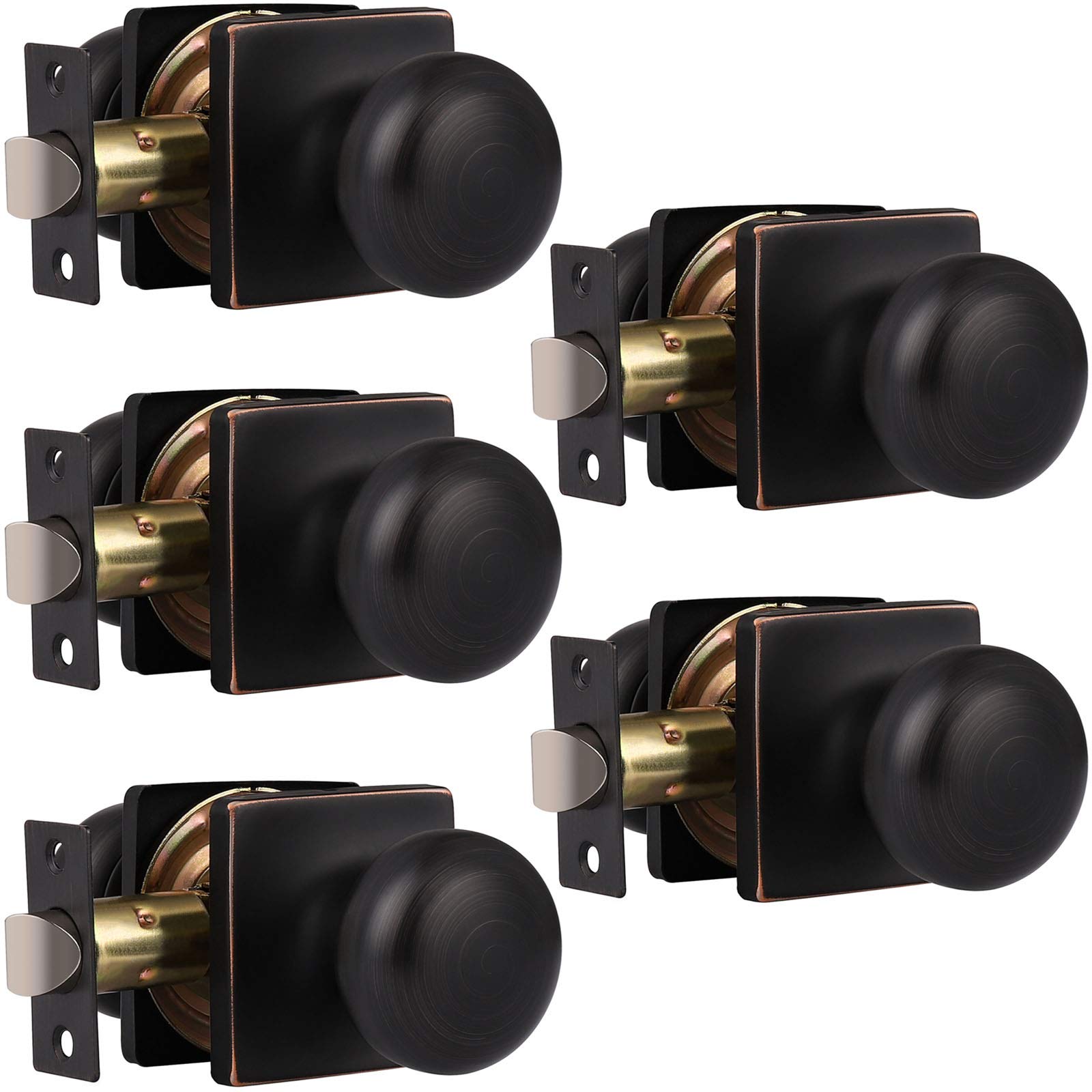 GOBEKOR 5 Pack Passage Door Knobs for Closet Door Knobs Interior Oil Rubbed Bronze Square Keyless Door Knob with Lock Round Passage Knob