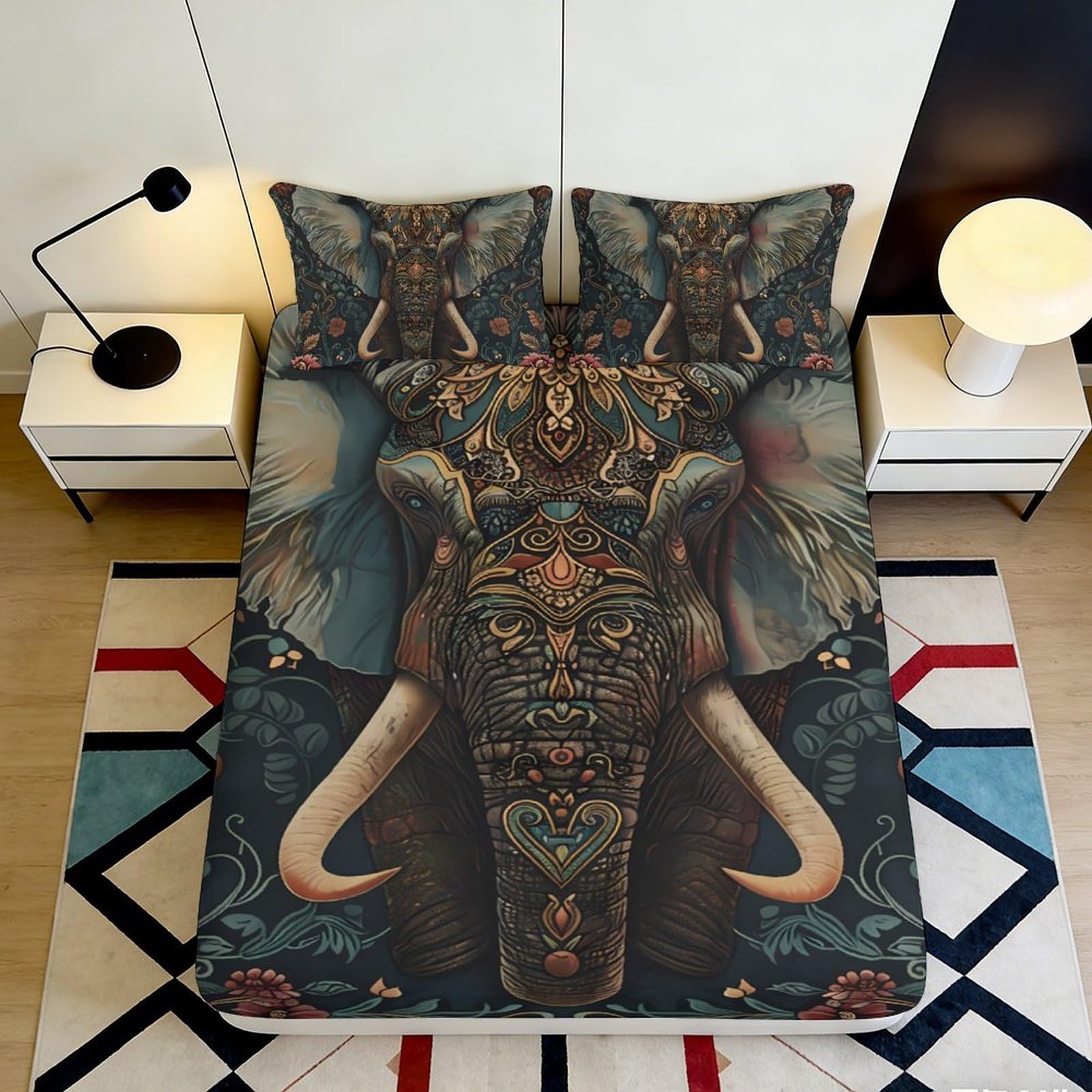 3D Printed Elephant Art Fitted Sheet Microfiber Soft Breathable Tribal Pattern Bed Cover for Bedroom Guest Room Decor 90x200x25cm