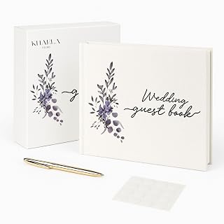 Wedding Guest Book – 8"x10" Linen Hardcover Guestbook with Elegant Floral Design, Includes Gold Pen, Stickers & Ribbon – Wedding Guest Book for Reception, Guest Book for Party, 110 Pages