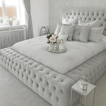 Chesterfield Plush Velvet Upholstered Regal Ambassador Bed Frame and Headboard - Hand Made in the UK - Double/Kingsize/Superking Ice Silver Plush, Double 4ft6 Bed Frame