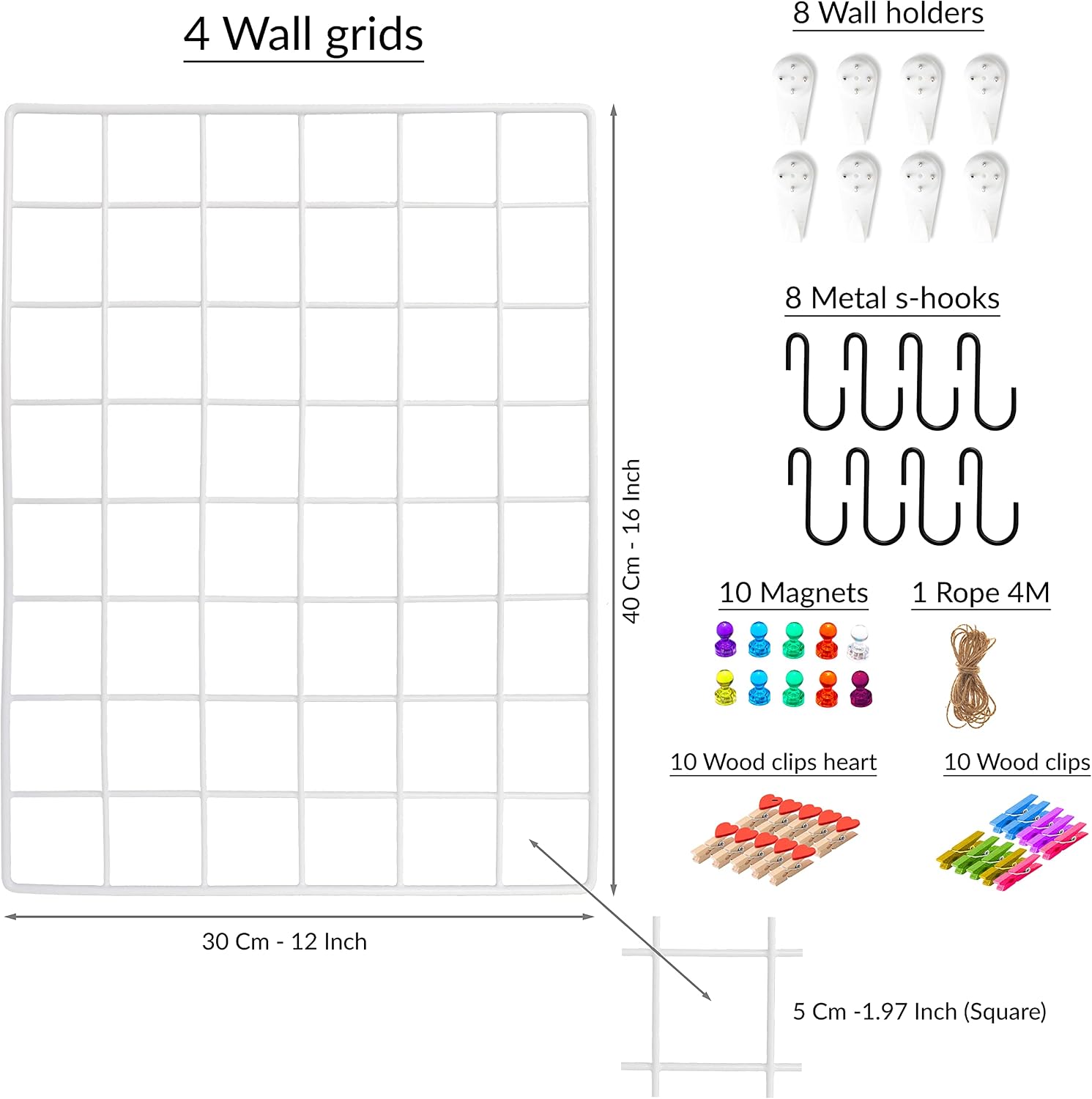 4 Pack Wire Wall Grid Panel | Photos & Pictures Display Grid Wall Panels | White, Magnetic & Metal Grid | Wall Grid Organizer | Photo Grid | Grid Wire Board | Hanging Home, Office & Kitchen Décor