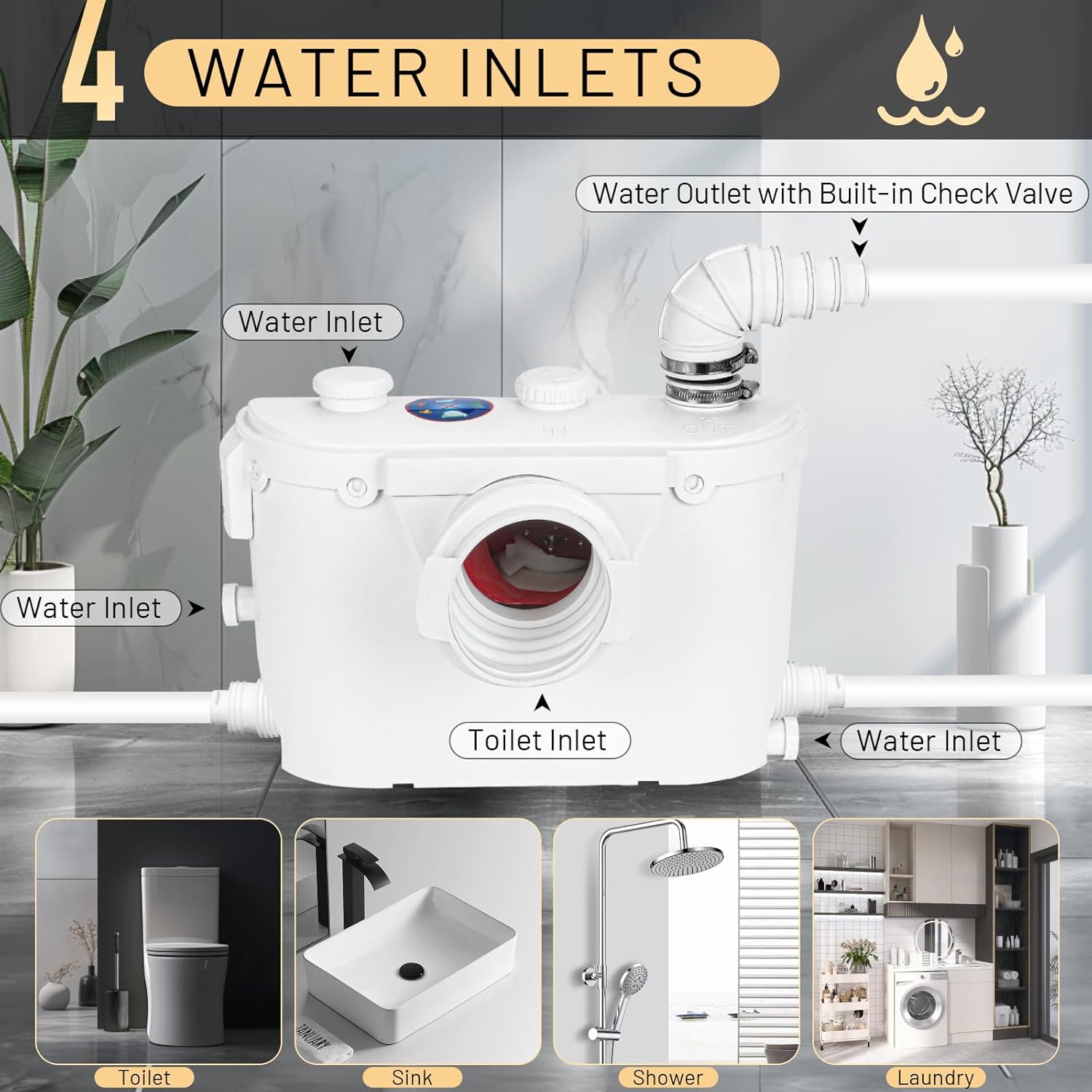 500watt Macerator Pump, Upflush Basement Toilet Pump System Max Pumping To V23 & H 235 Feet, 4-Inlet Sewerage Waste Water Disposal - Ideal For Macerating Toilet, Laundry, Bathtub