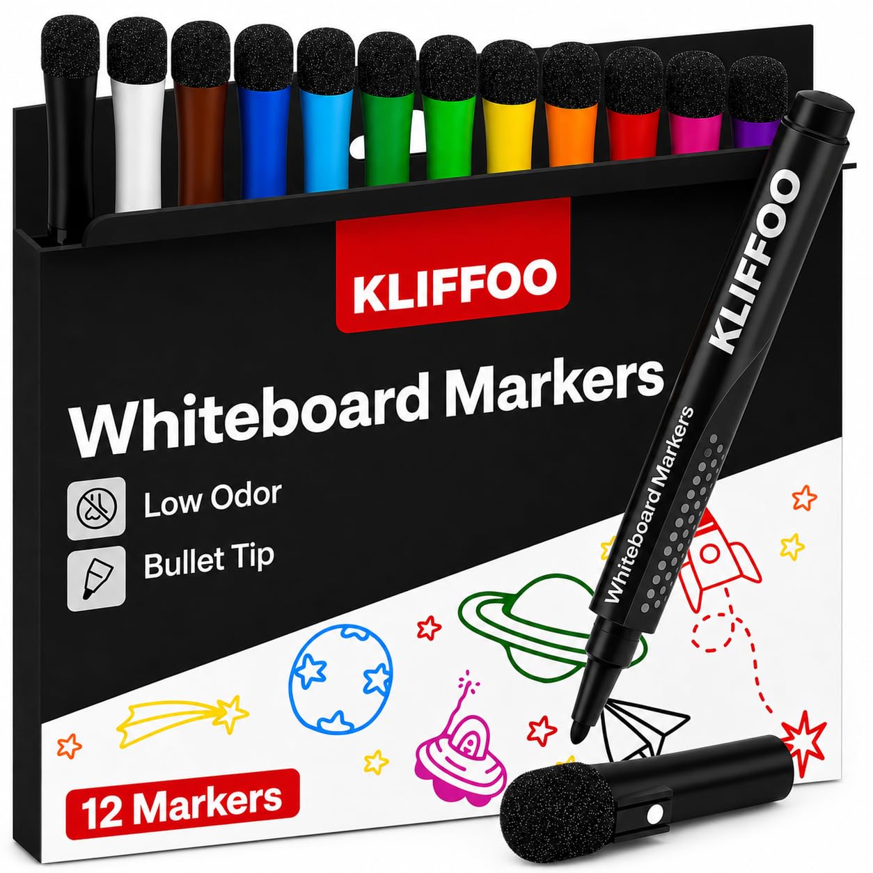 KLIFFOO 12 Colors Whiteboard Markers Pen Fine Tip, Colorful Magnetic Dry Erase Marker with Eraser Cap, Low Odor White Board Marker Pens for Teachers, Home, Office and School Supplies