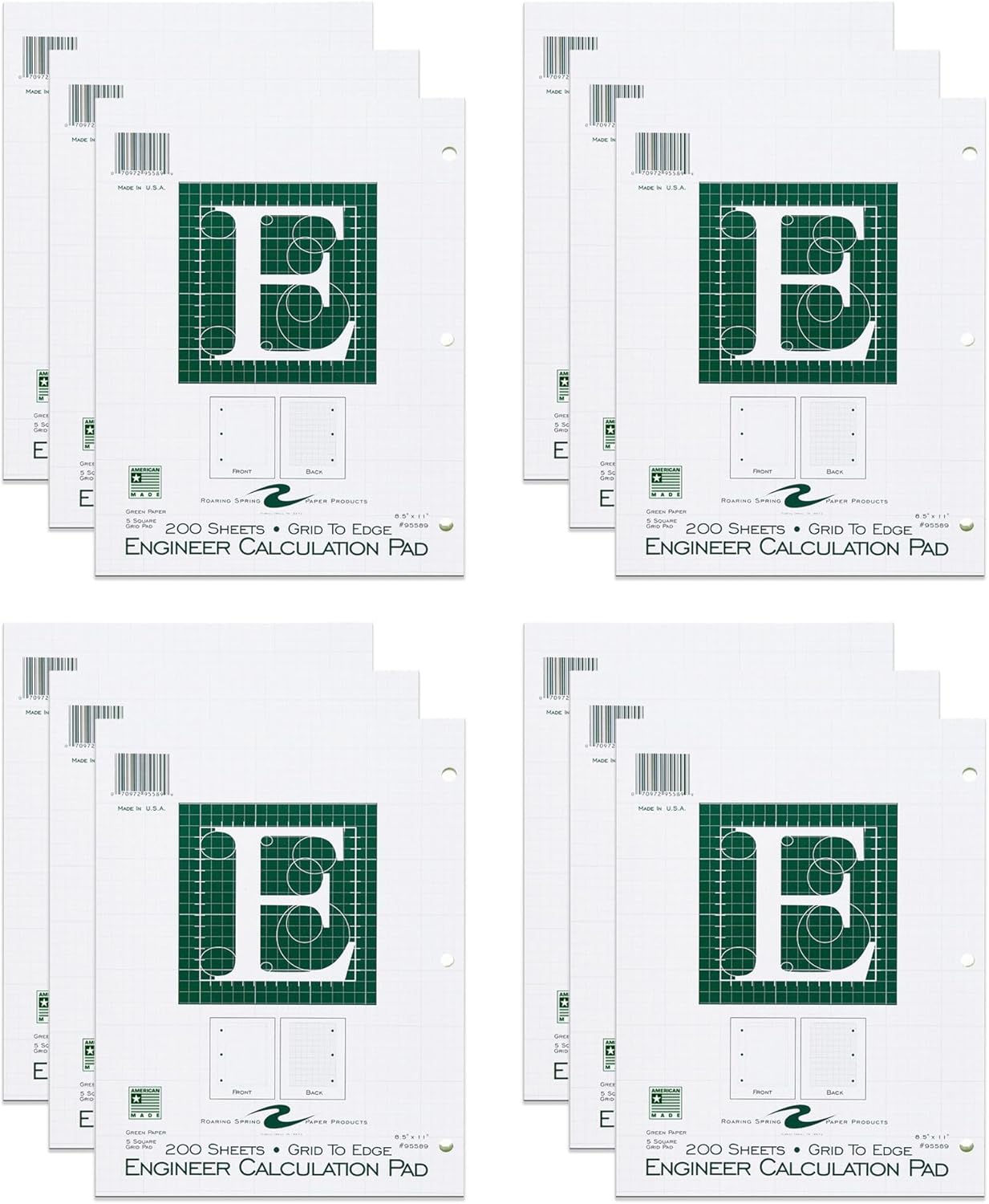 Roaring Spring Graph Ruled Engineering Pad, Engineering Graph Paper Pad, 12 Pack, 5x5 Grid to Edge, 8.5" x 11", 200 Sheets, 3 Hole Punched, Green Tinted Sheets, Made in USA