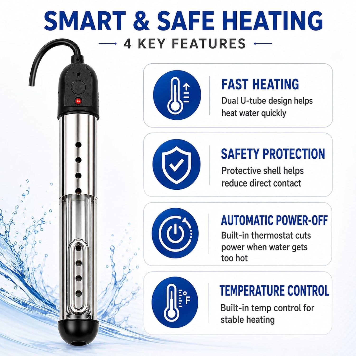 2000W Immersion Water Heater Electric, Portable Bucket Heater with Built-in Temperature Control, Anti-Leakage Safety Design & Longer Dual U Heating Tube, LCD Thermometer for Bathtub, Small Pool