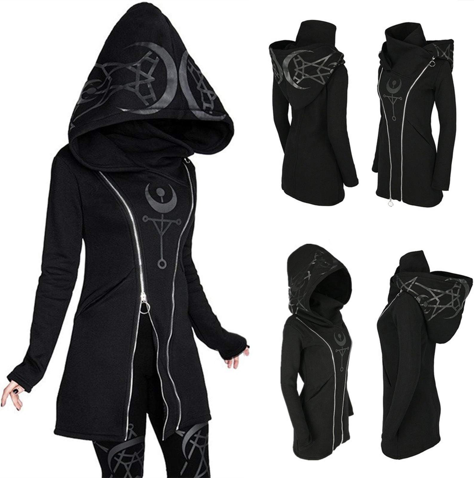 OwarmQWomen'S Moon Gothic Witchcraft Hooded Punk Moon Print Cardigan Jacket Occult Black Long Sleeve Punk Hoodie Jacket Double Zip Mid Long Sweatshirt,Black,L