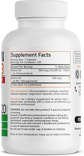 Vista 2 de Bronson Vitamina K2 (MK7) con suplemento extra fuerte D3 para la salud ósea y cardíaca Fórmula sin OMG 10,000 UI Vitamina D3 y 120 mcg Vitamina K2