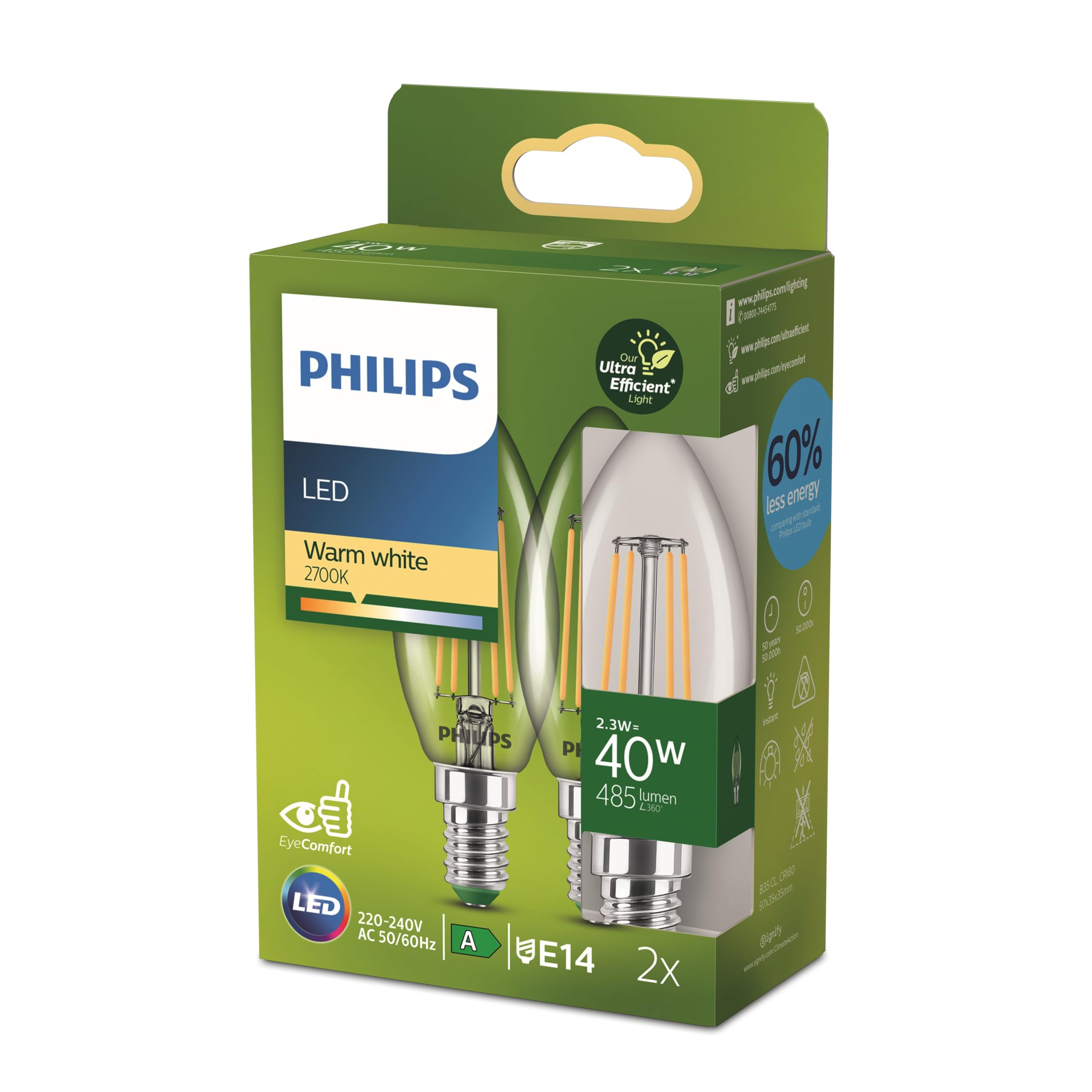 Philips Classic ultra-efficient LED bulb with energy efficiency class A, E14 base, replaces 40W, clear, warm white light, candle shape, pack of 2