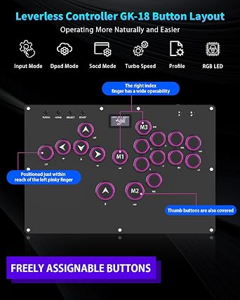GuileKeys GK-18 Leverless Arcade Stick, All-Button Fight Controller with 18 Keys, RGB Lights, Hot-Swappable for PS5/PS4/PS3/PC/Switch, Arcade Fight Stick Black | Arcade Controller Street Fight Keyboard, Supports Hot Swap & SOCD, All-Button Gamerfinger with Custom RGB & Turbo Functions