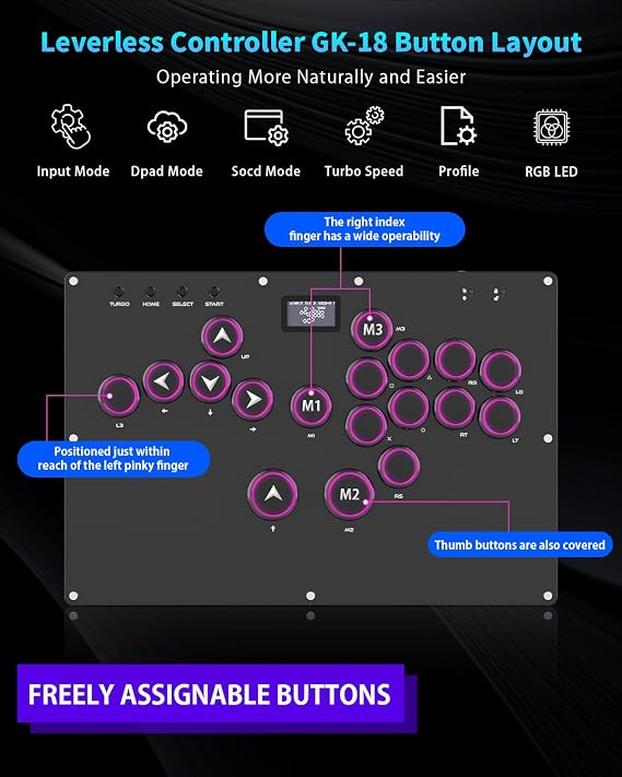 GuileKeys GK-18 Leverless Arcade Stick, All-Button Fight Controller with 18 Keys, RGB Lights, Hot-Swappable for PS5/PS4/PS3/PC/Switch, Arcade Fight Stick Black | Arcade Controller Street Fight Keyboard, Supports Hot Swap & SOCD, All-Button Gamerfinger with Custom RGB & Turbo Functions