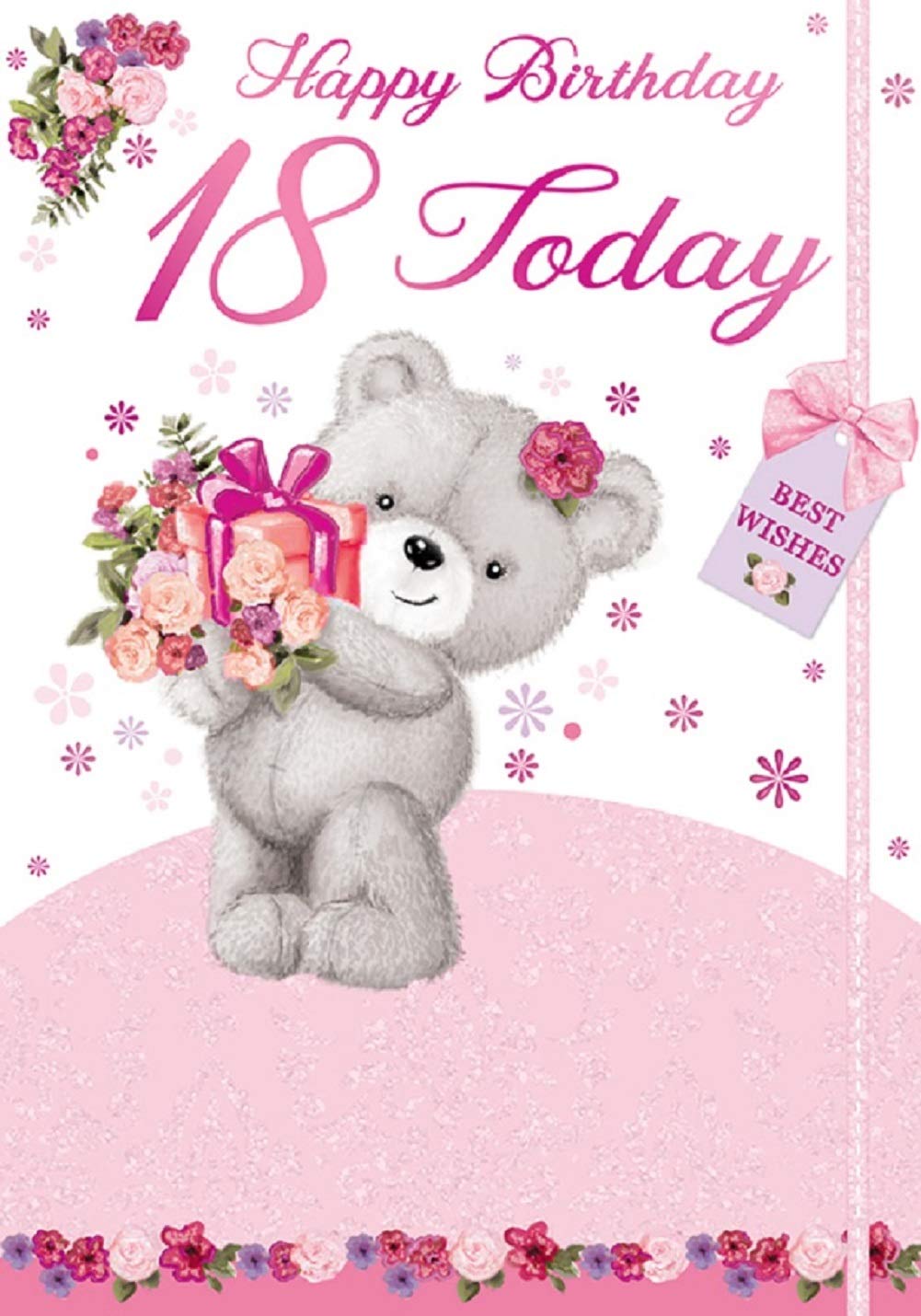 "Express Yourself" Birthday Card for Age 18 Female - Includes Envelope - Brown Teddy Bear With Beautiful Flower And Gifts.