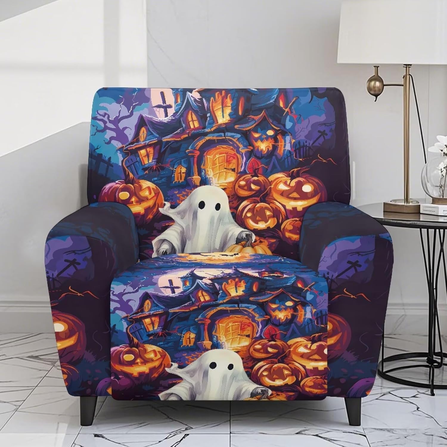 FOR U DESIGNS Halloween Ghost Chair Covers for Recliners 4 Pieces Elastic Slipcover with Pockets Non Slip Furniture Protector Washable Prevents Stains and Hair