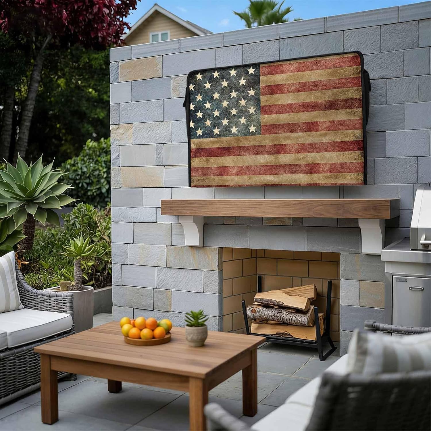 Retro American Flag Outdoor TV Cover for 40 to 43 Inch, Weatherproof & Waterproof Vintage Red Striped Outside Cover With Remote Pocket, Rustic US Flag Enclosure for LED, LCD TVs