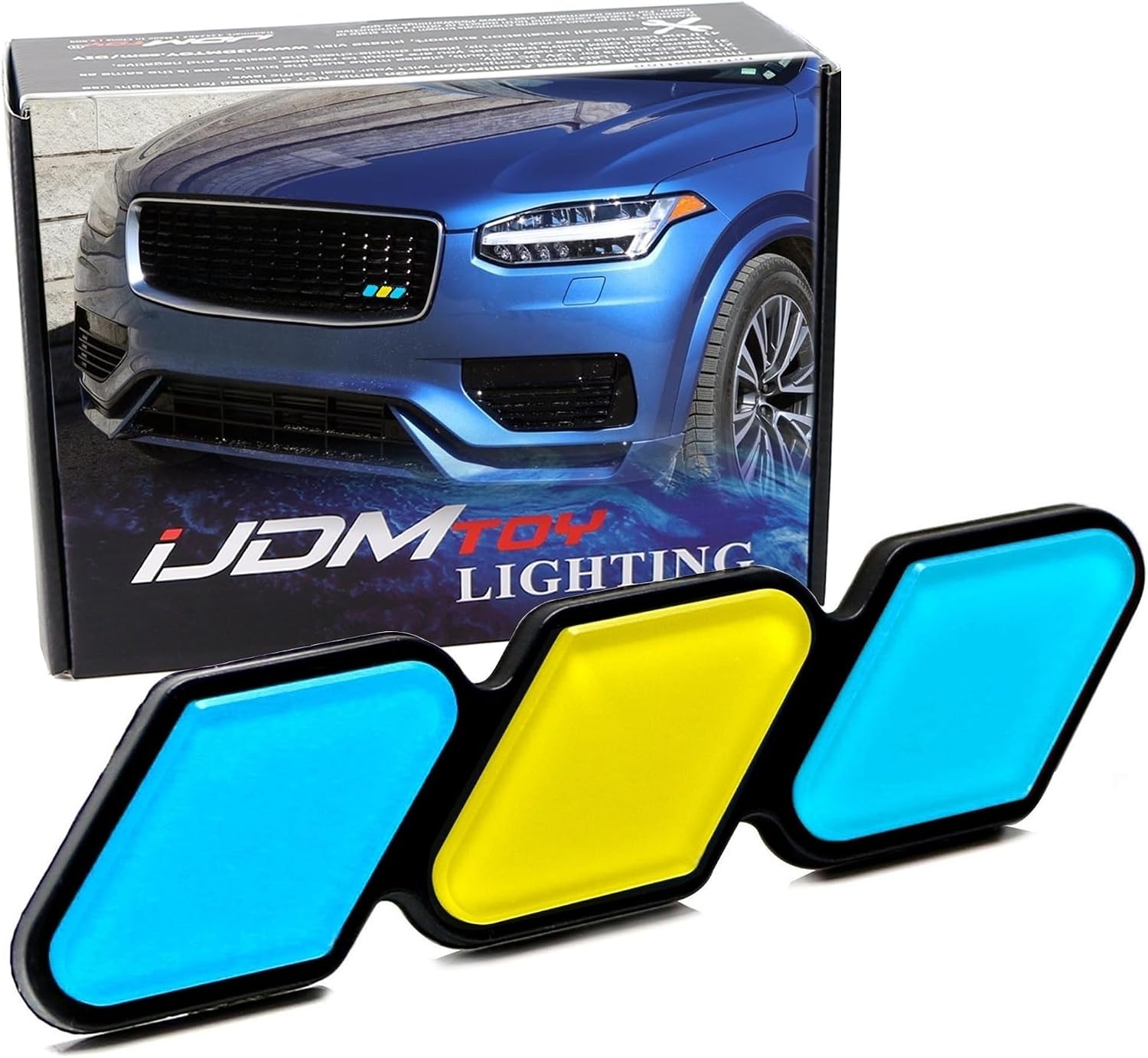 iJDMTOY Blue/Yellow/Blue 3-Color Stripe Lower Grille/Hood Grill Badge Emblem w/No Removal Required Toggle Anchor Bolts, Compatible with Sweden Scandinavian Cars Volvo Saab Scania, etc