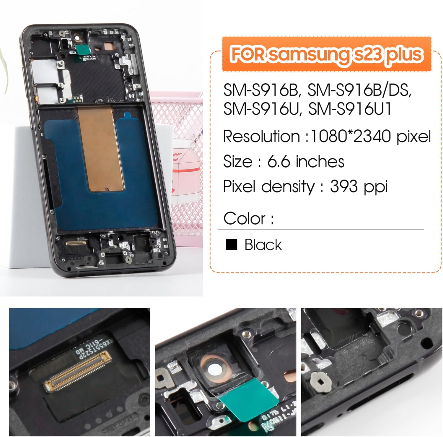 For Samsung Galaxy S23 Plus 5G Screen Replacement with Black Frame - OLED Display Assembly & Full Repair Tool Kit - Easy DIY Installation for SM-S916B - Fix Cracked/Broken Glass