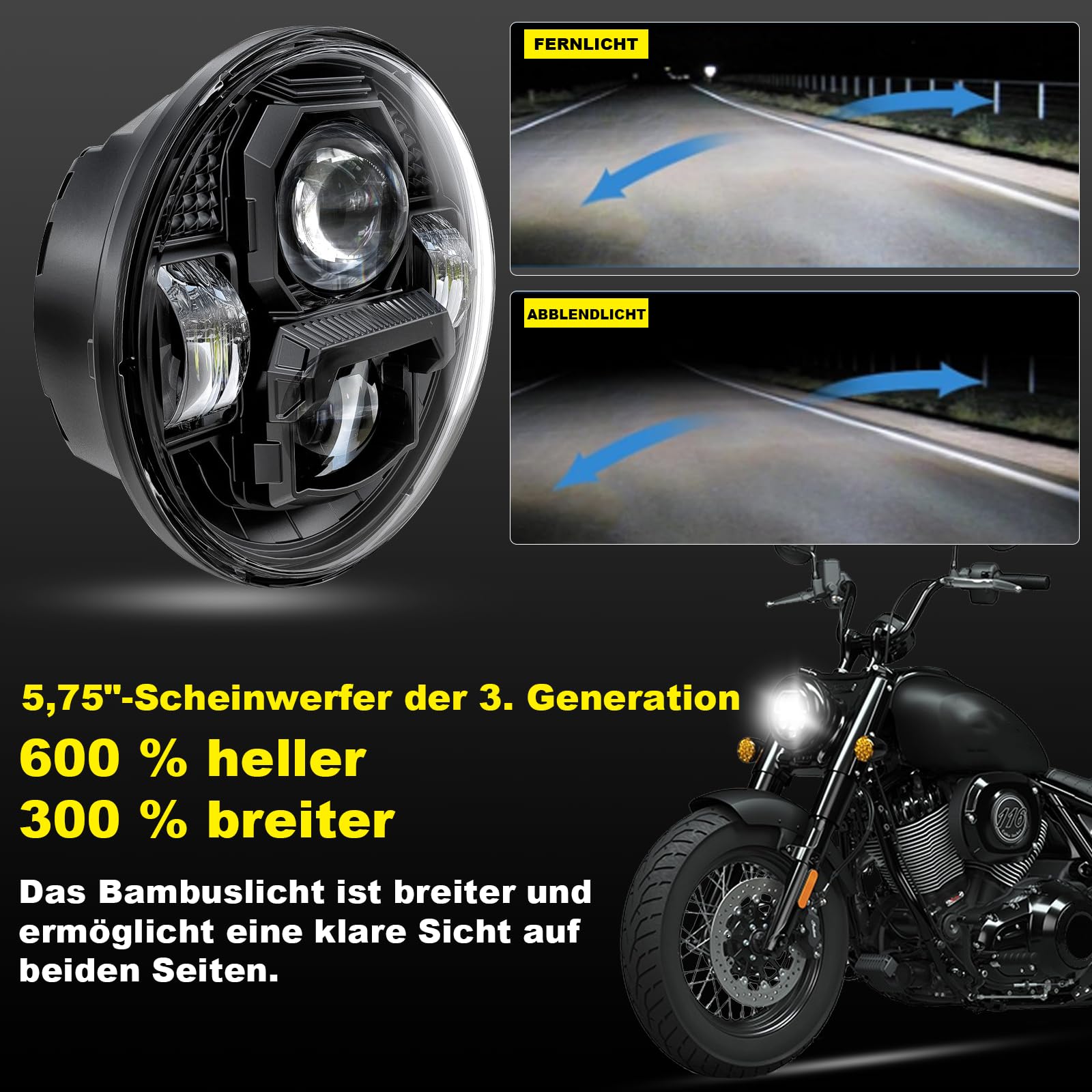 5,75 zoll Led Motorrad Scheinwerfer e-geprüft für Harley Davidson Dyna Street Bob Super Wide Glide Low Rider Night Rod Train Sportster Iron 883 Indian Scout Triumph