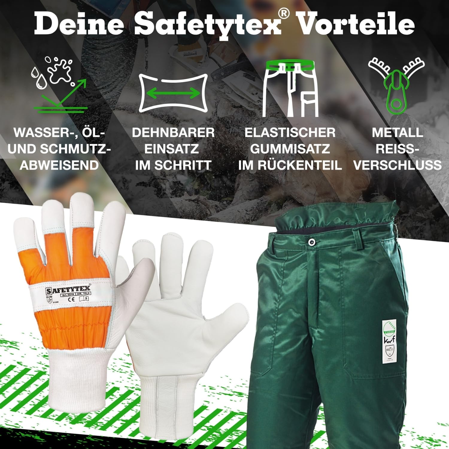 Safetytex Schnittschutzbundhose Schnittschutzhose Bundhose Forstschutz Set 2 TLG KWF geprüft + Forsthandschuhe