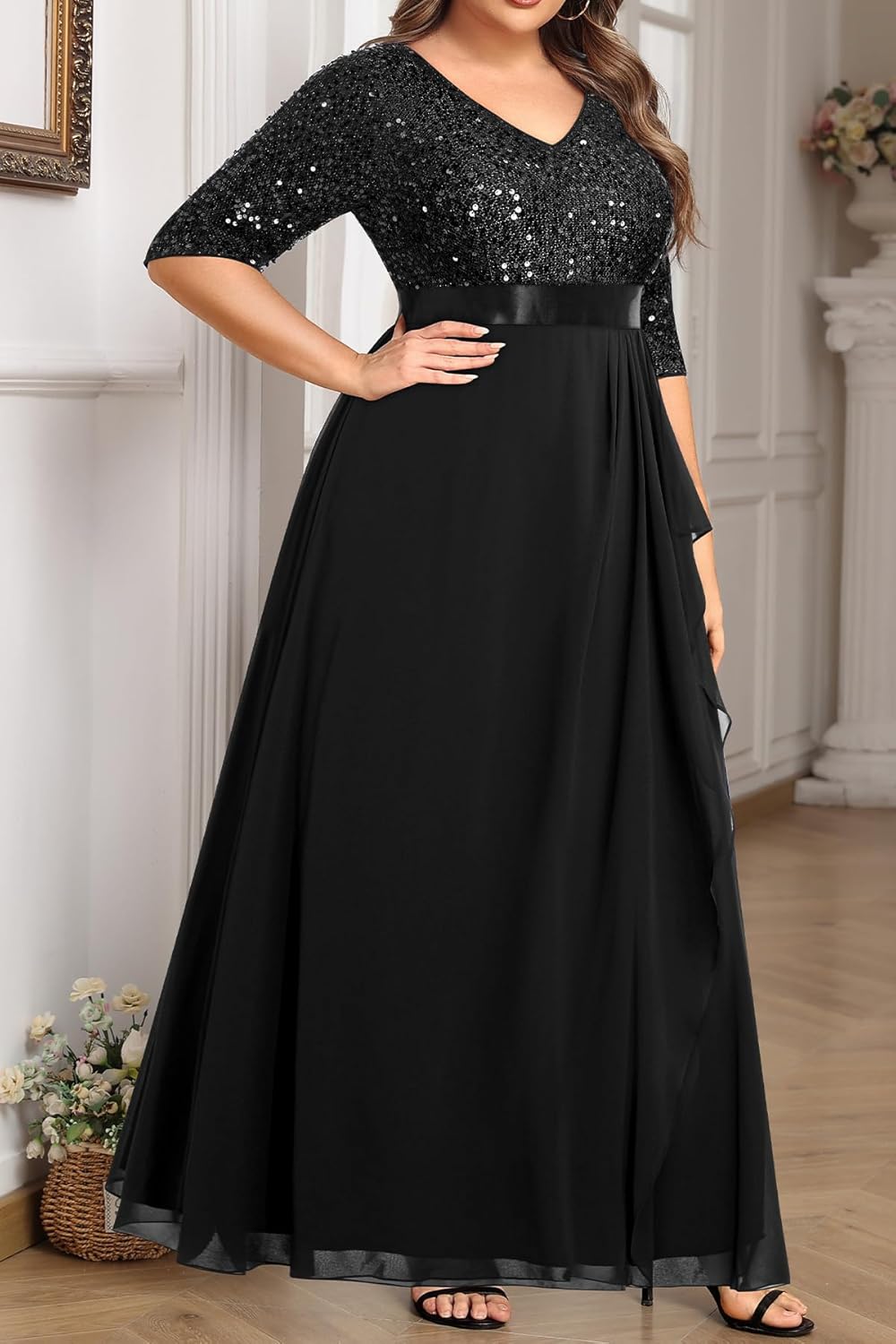 Plus Size Formal Dresses - V Neck 3/4 Sleeves Sequin Evening Gowns Prom Gala Wedding Guest Chiffon Long Maxi Dress - Image 3