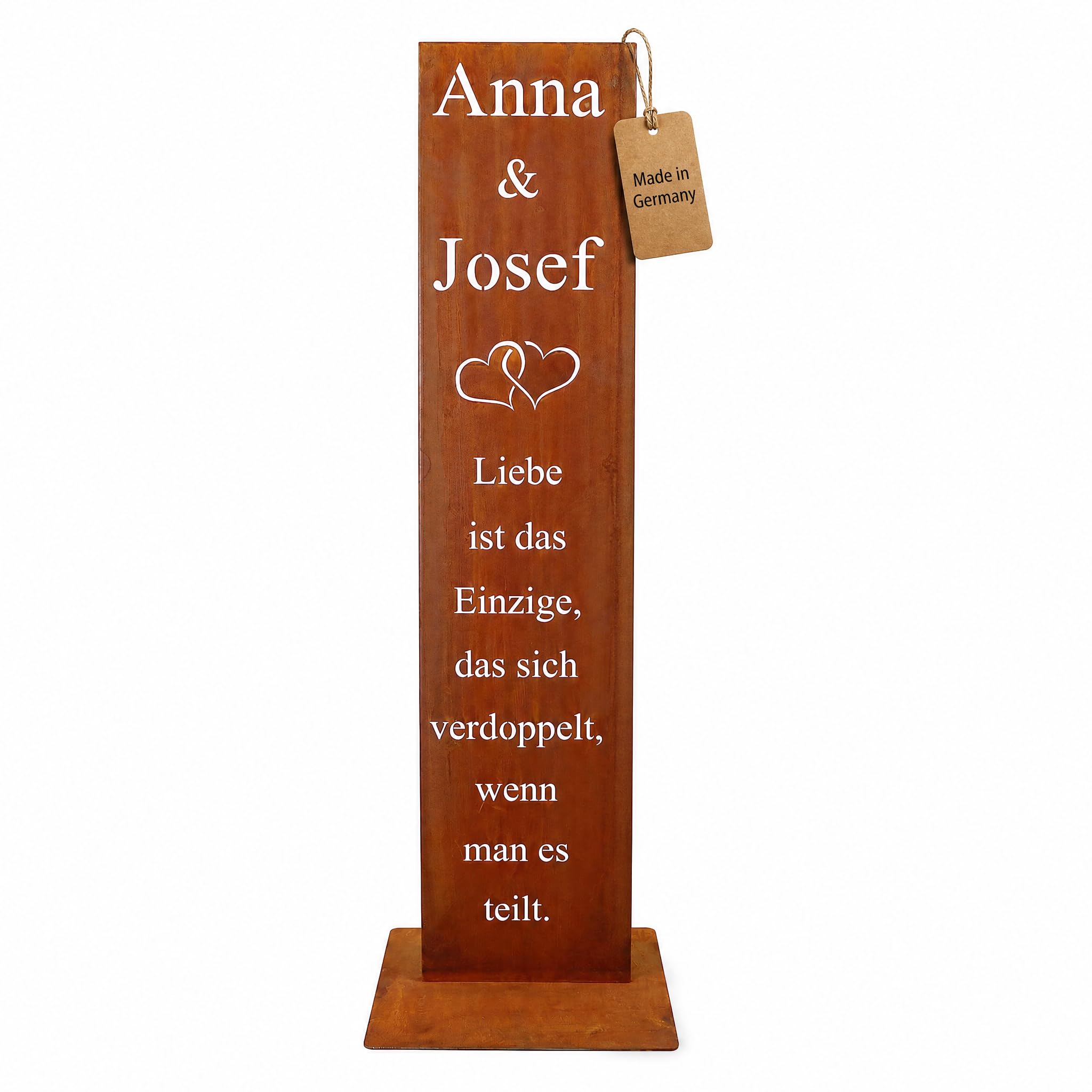 Rostikal Edelrost Spruchtafel 100 cm aus Cortenstahl – personalisierte Deko zur Hochzeit mit Namen & Herzmotiv – freistehendes Schild, handgefertigt in Bayern, Hochzeitsgeschenk