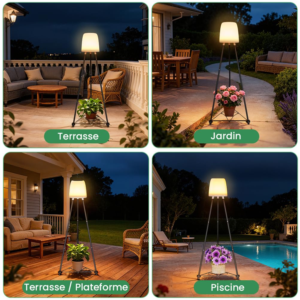 Lampadaire Solaire Exterieur RVB et Blanc Chaud, Étanche Lampe Exterieur sur Pied avec Capteur de Lumière et Trépied, Peut Contenir des Pots de Fleurs, pour Jardin, Cour, Chemin, Terrasse, Piscine