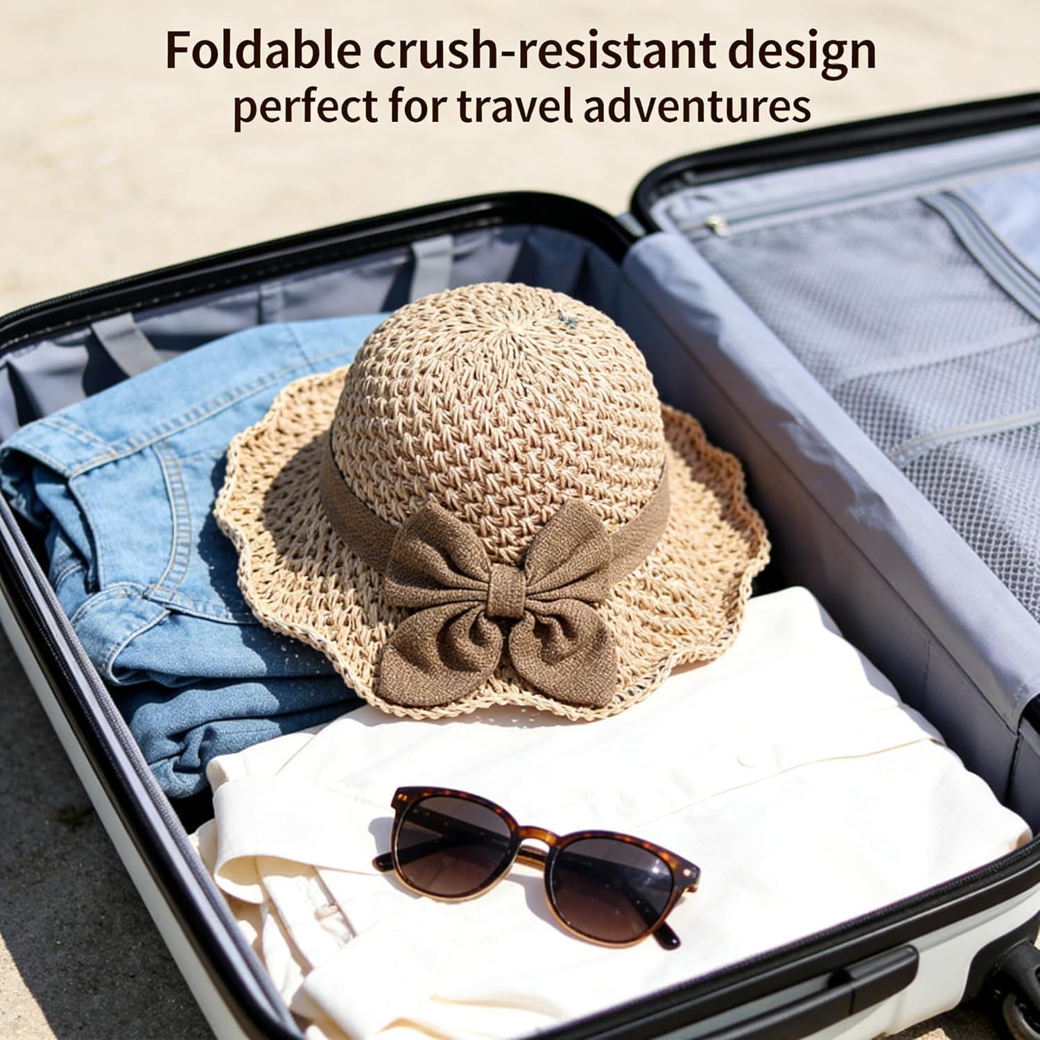 Elegant Woven Straw Sun Hat with Bow Summer Beach Sun Straw Hats for Women Wide Brim Packable Travel Bucket Hats