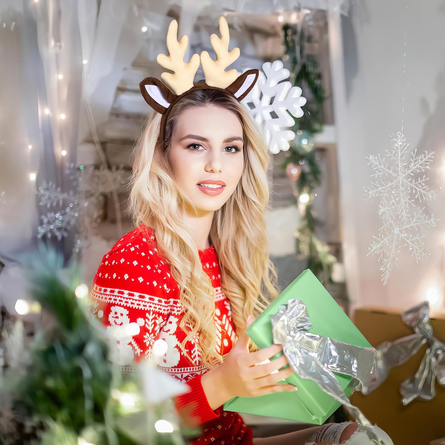 UKCOCO Christmas Antler Headband : Reindeer Antlers Headband Women Xmas Deer Hair Hoops for Christmas Cosplay Party, 9.82X8.25X0.98in