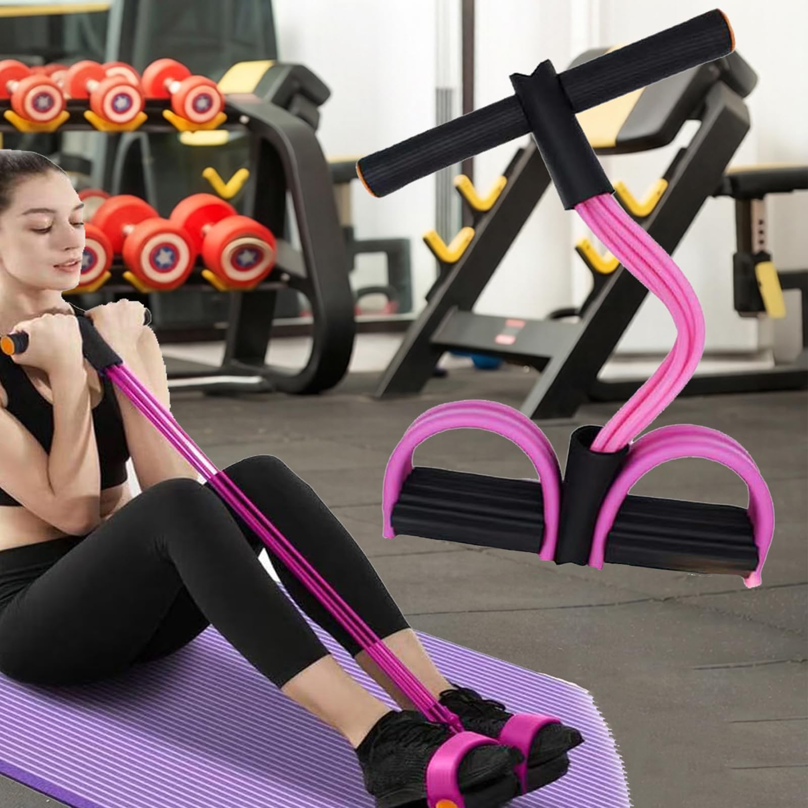 HeHeGe Multi-Function Abdominal Trainer & 6-Tube Elastic Resistance Band with Pedal Puller, Sit-Up Equipment & Bodybuilding Expander, Home Full Body Workout Machine for Yoga, Fitness (Black pink)