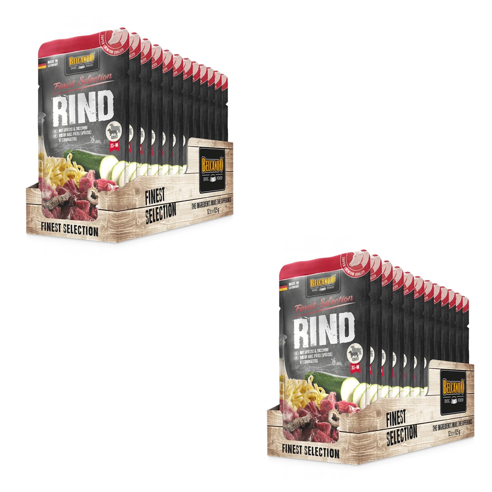 Belcando Finest Selection Adulto Res con Spätzle y Calabacín | Paquete Doble | 2 x 12 x 125 g | Alimento húmedo para Perros sensibles o exigentes | Contiene Aceite de cártamo prensado en frío