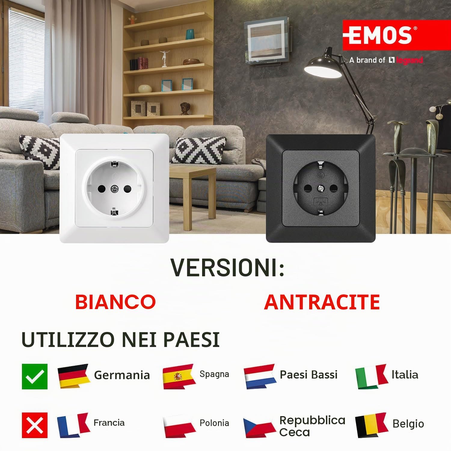 EMOS - Presa Schuko con maggiore protezione da contatto - Montaggio a incasso - 250 V, 16 A - Presa singola con interno - IP20 per interni - Antracite