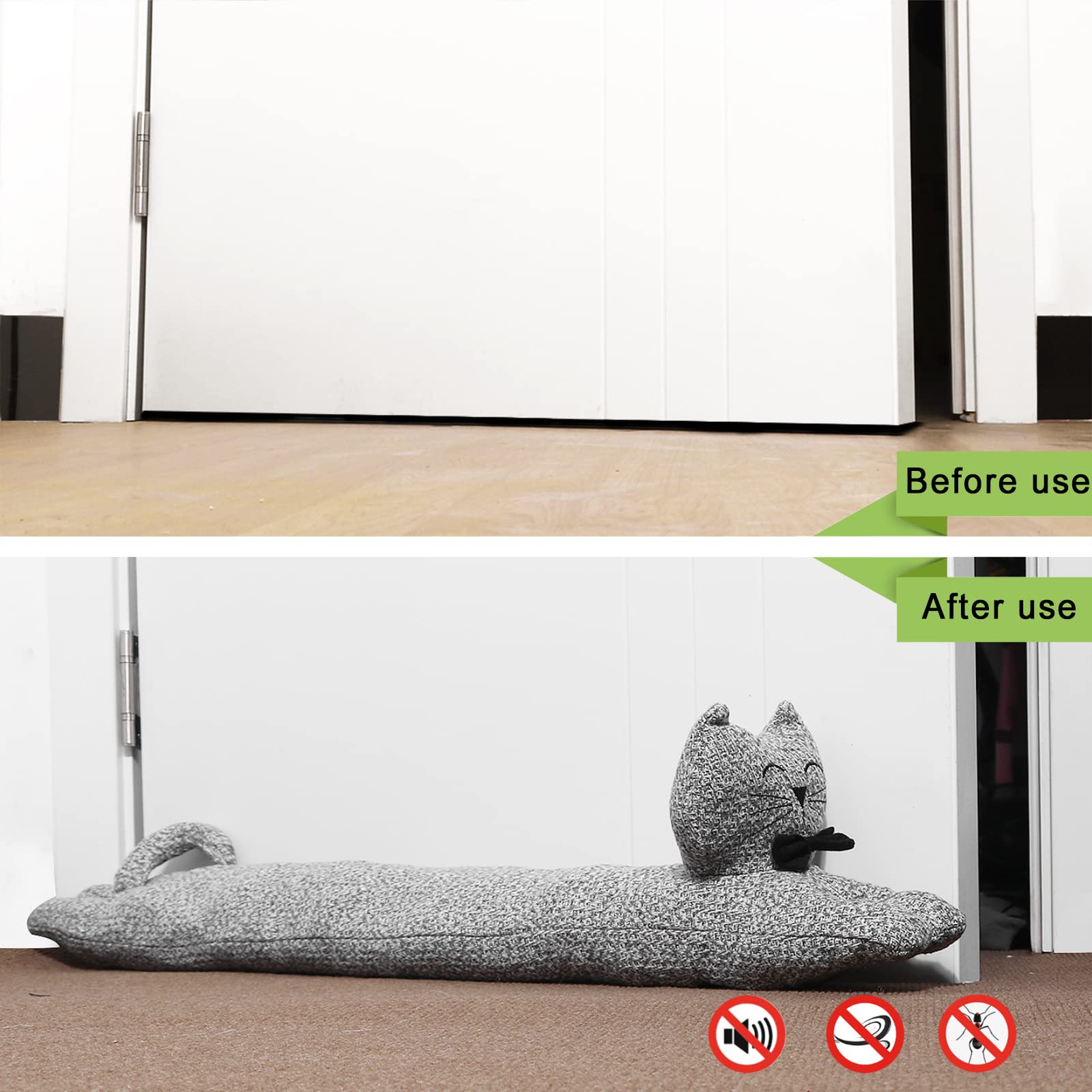 Robuster Zugluftstopper für die Tür, 91,4 cm, 1,4 kg, dekorativer schalldichter Tür-Zugluftblocker, energiesparender Zugluftschutz, graue Katze