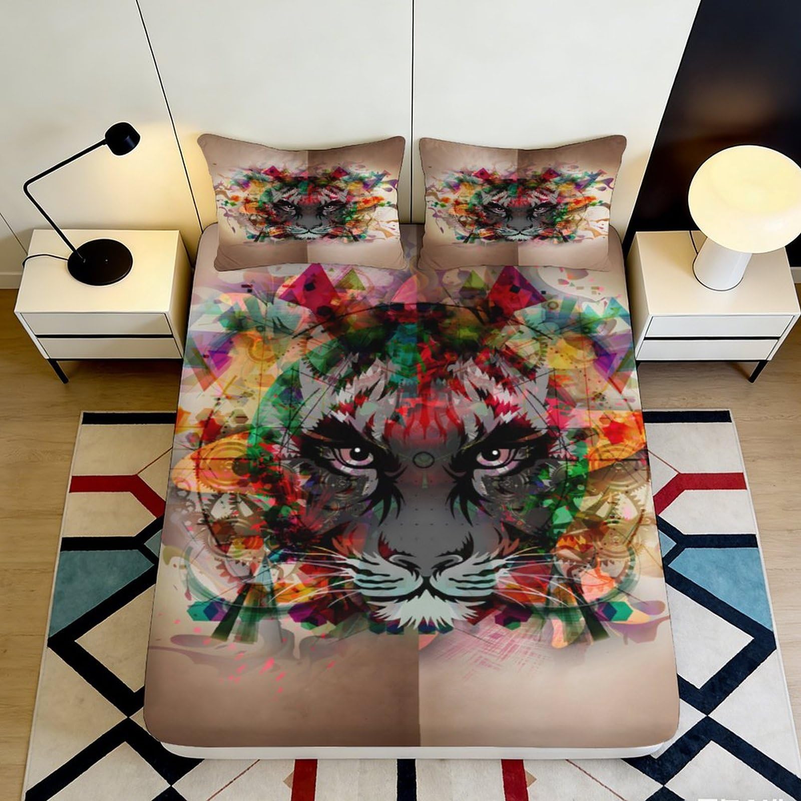 3D Printed Colorful Tiger Fitted Sheet Microfiber Soft Breathable Abstract Jungle Bed Cover for Bedroom Guest Room Mattress Decor 160x200x25cm