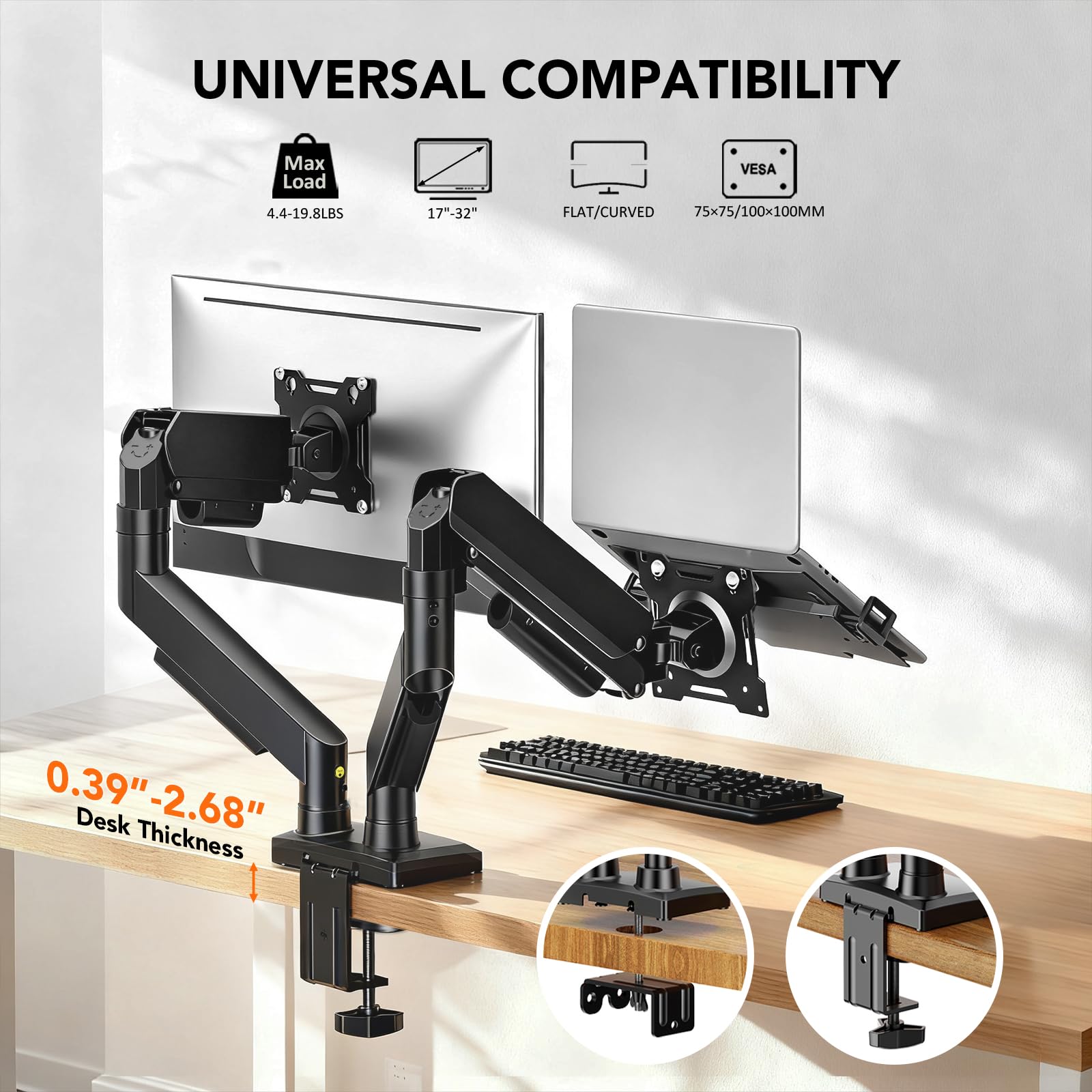 Hemudu Bras de Moniteur Double à Ressort Pneumatique, Support Double de Moniteur pour Bureau Réglable (jusqu'à 9kg) pour Écrans de 17 à 32 Pouces, Compatible avec VESA 75/100 mm, avec Écrou à C