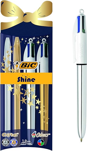 BIC Shine - Ballpoint Pen Gift Set for Christmas - Pack of 4 Pens (4 Colour and Cristal) with Gold and Silver Shiny Barrels - Blue and Black Ink