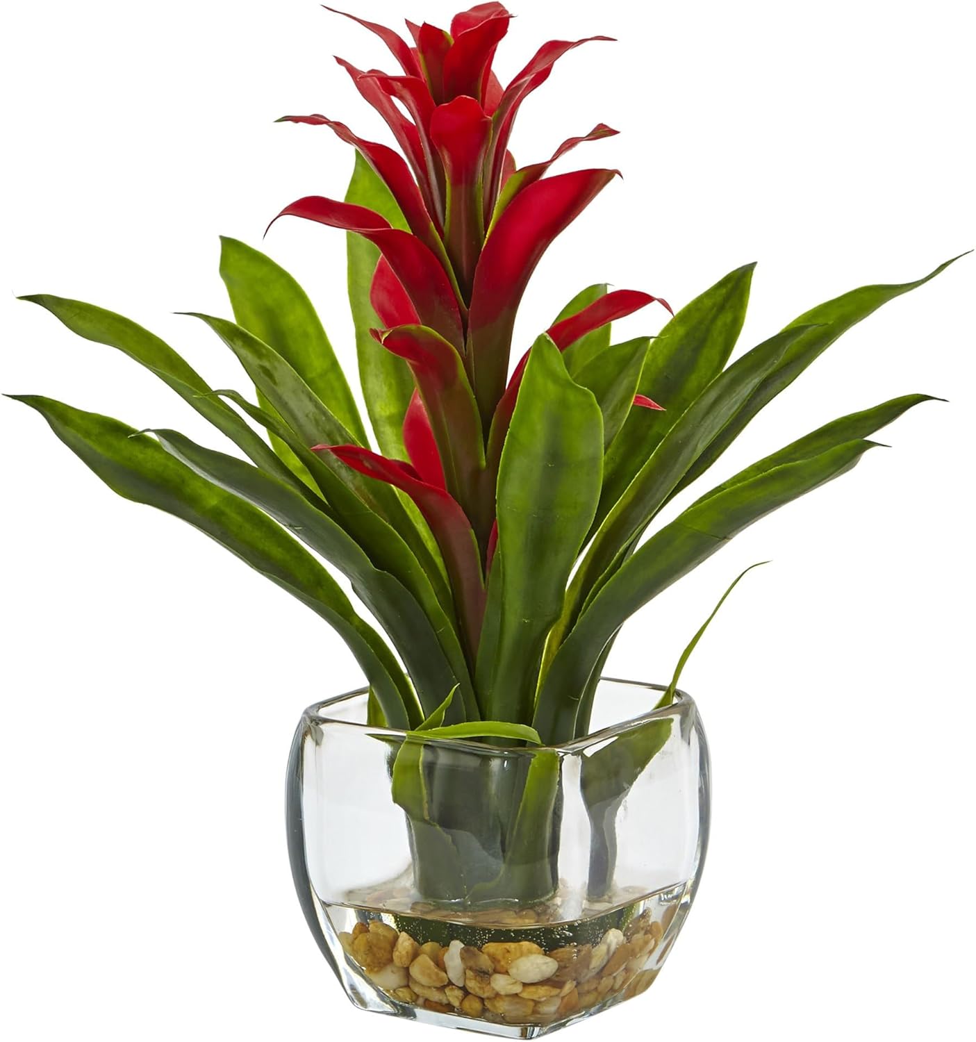 Nearly Natural 6897-RD Bromeliad with Glass Vase Arrangement, 11 in x 11 in x 12 in, Red