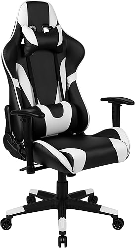 Miniatura 252 de Flash Furniture Juego de escritorio para juegos negro y silla de carreras blanco/negro con soporte para tazas, gancho para auriculares y soporte