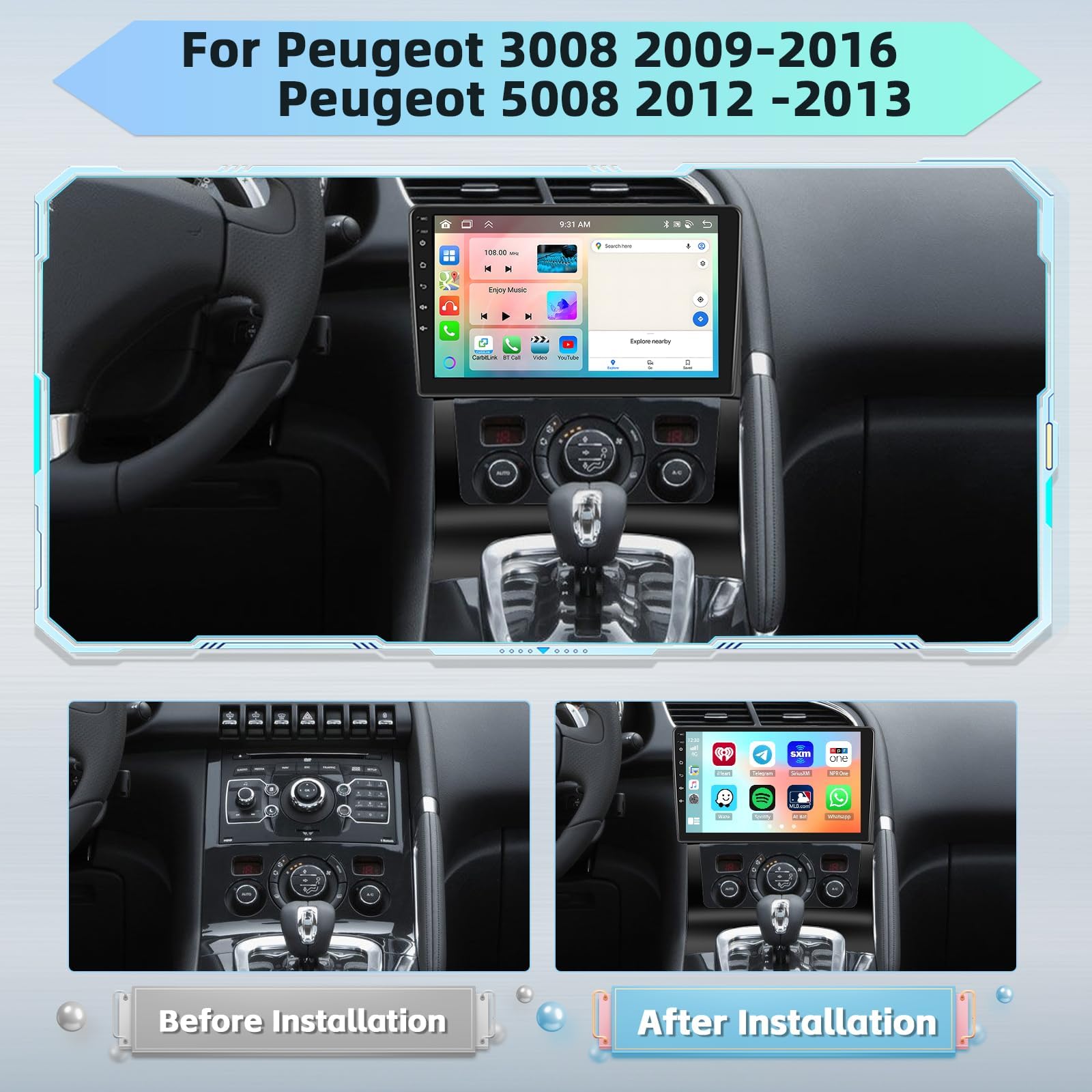 [8 Core 4G+64G] Hikity Car Radio per Peugeot 3008 2009-2016 Wireless Carplay Android Auto Android Autoradio 9 Pollici Stereo Auto con GPS 32EQ WIFI Bluetooth SWC MIC Telecamera Posteriore