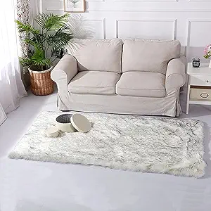 Latepis Boho Runner 2x6 White with Grey Tips Fluffy Shag Rug Washable Shaggy Rugs Faux Sheepskin Fur Rug Throw Rugs for Living Room Bedroom,Runner