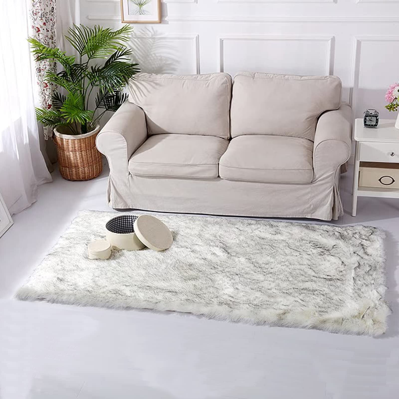 Latepis White with Grey Tips 2x10 Runner Rug for Hallway Faux Fur Rug Fluffy Washable Rugs Furry Shag Rug for Living Room Hallway Rectangle