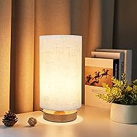 UCHENTON Small Bedside Table Lamp: Minimalist Wood Base, Round Fabric Shade, 2700K Warm White LED Nightstand Light for Bedroom, Dorm, Nursery