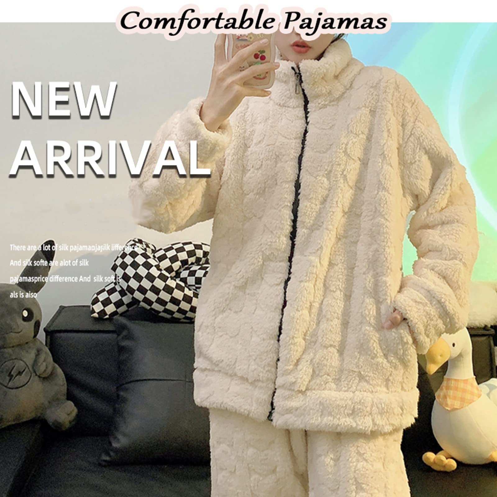 Damen Pyjama Set Aus Korallenrotem Fleece, Dicker, Warmer, Weicher Stehkragen, Nachtwäsche, Bequemer Baumwoll Hausbekleidung