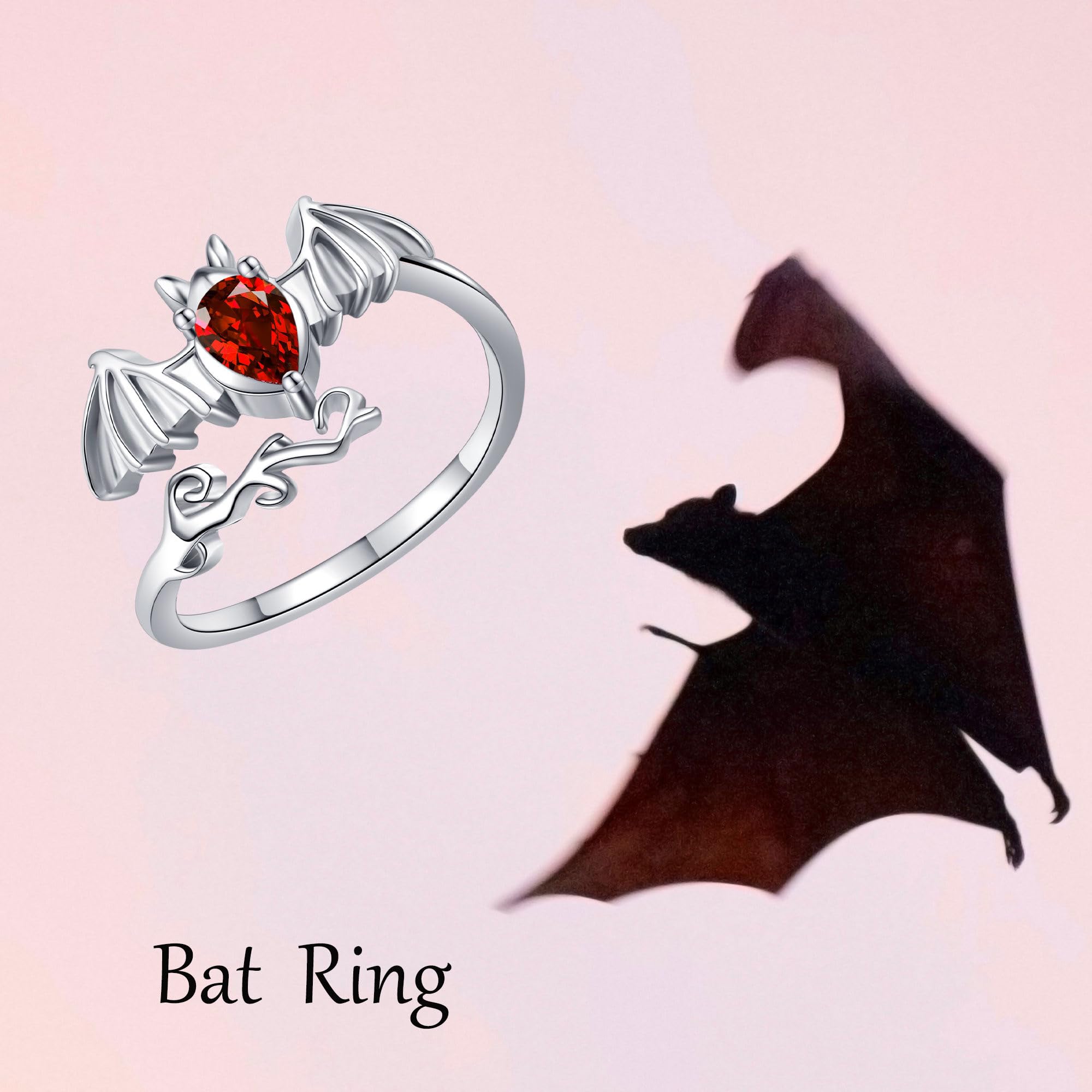 ONEFINITY Anillo de murciélago ajustable de plata de ley 925 para mujer, diseño de murciélago, para Halloween, joyería de murciélago, Zirconia cúbica