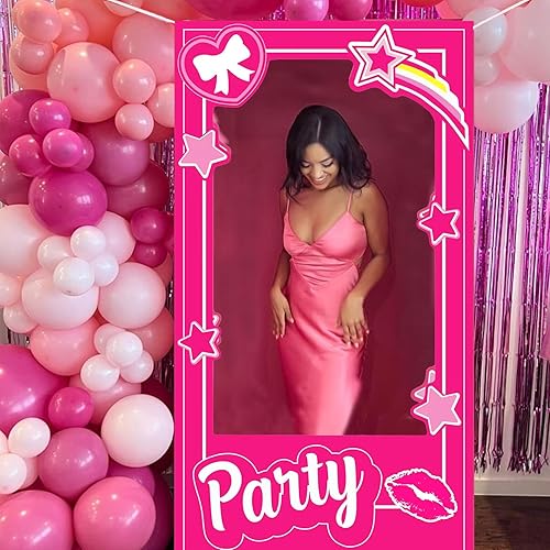 Miniatura 3 de Decoraciones de cumpleaños rosas para niñas, accesorios de cabina de fotos rosa intenso, decoración temática de muñeca de princesa, cabina de fotos