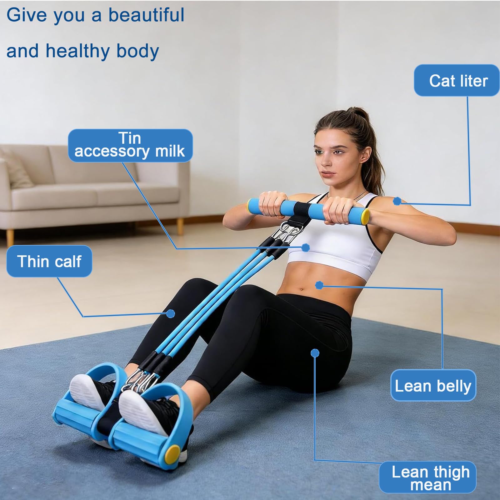 Corda per Crunches con Pedali, Elastico Sit Up Pull Rope Pedale Fascia, Fitness Corda Eelastica per Pedali, 3 Tubi, Rimovibile, con Schiuma Elastica Maniglia, per Fitness, Perdita di Peso, Yoga(Blu)