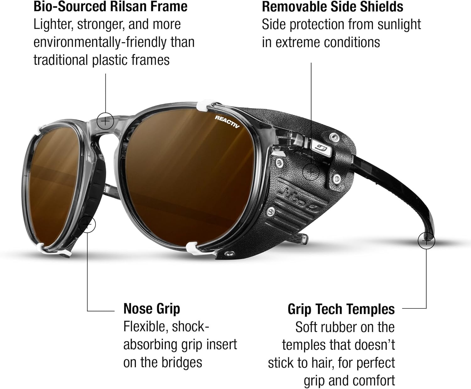 Julbo Millenium Glacier Glasses for Men & Women w/Removable Side Shields for Hiking, Snow/Glare - 100% UV Protection